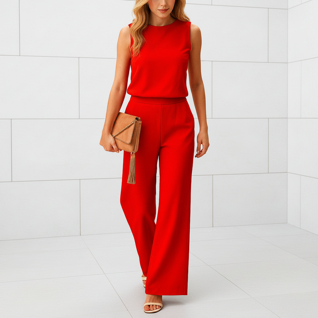 Women's wide leg jumpsuit with round neck and flowing pants front view